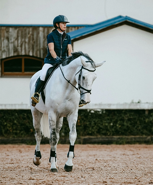 Photo d'une cavalière sur son cheval